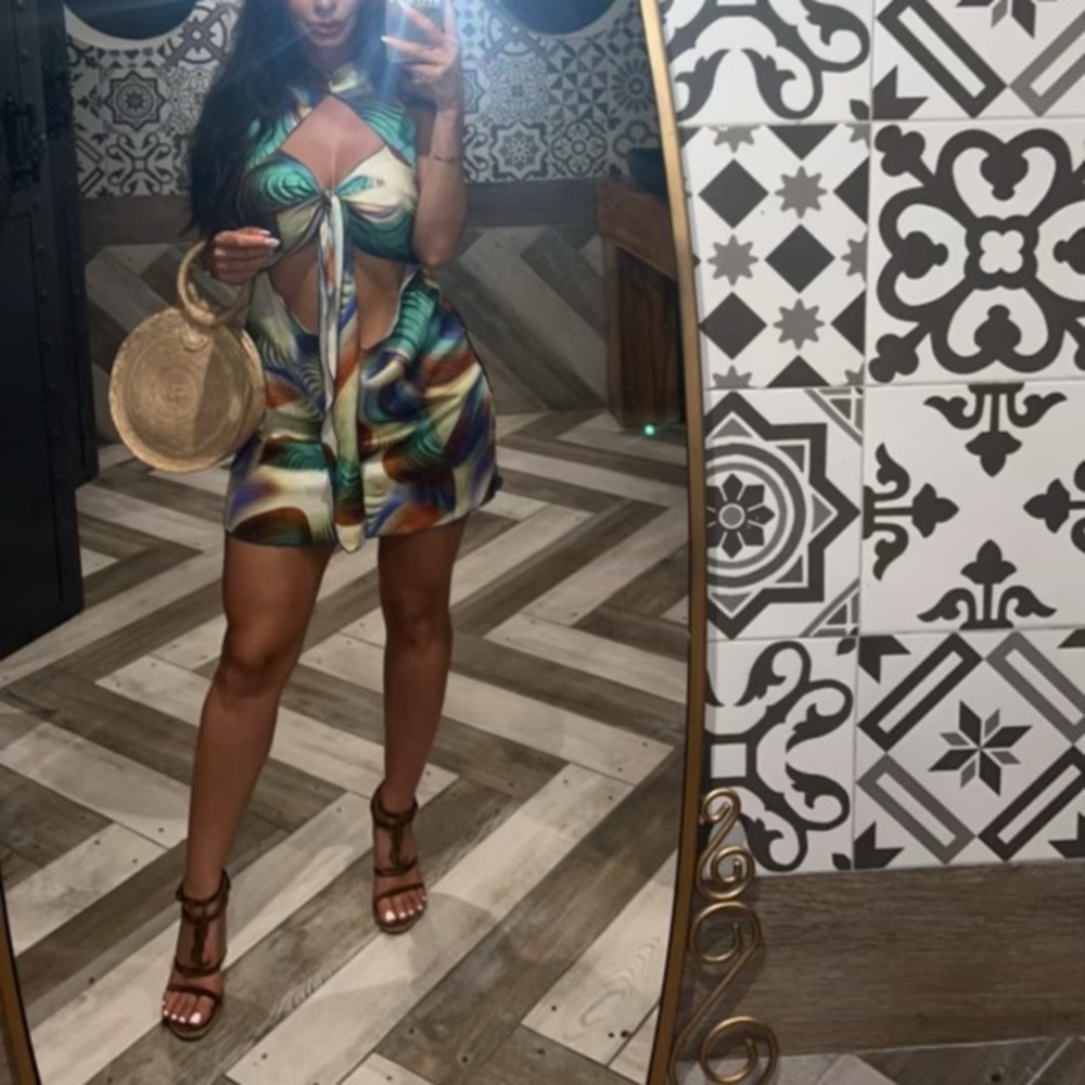 Kim shui Qi Pao teal blue swirl silk tie dress size small